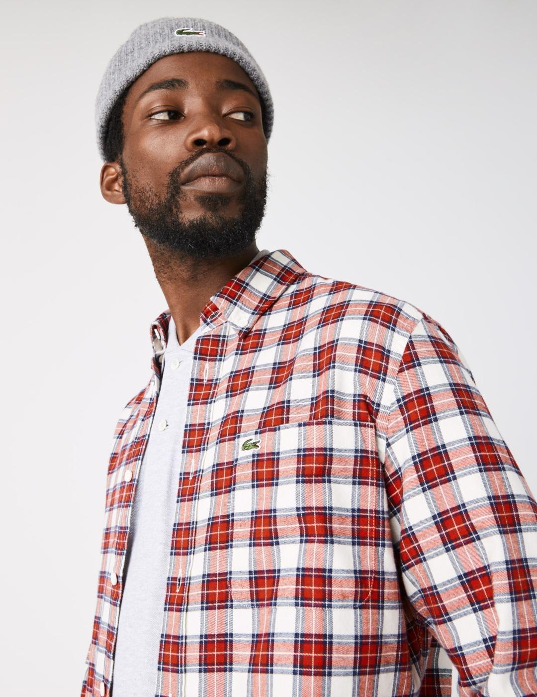 LACOSTE CAMISA CUADROS ROJO BLANCO