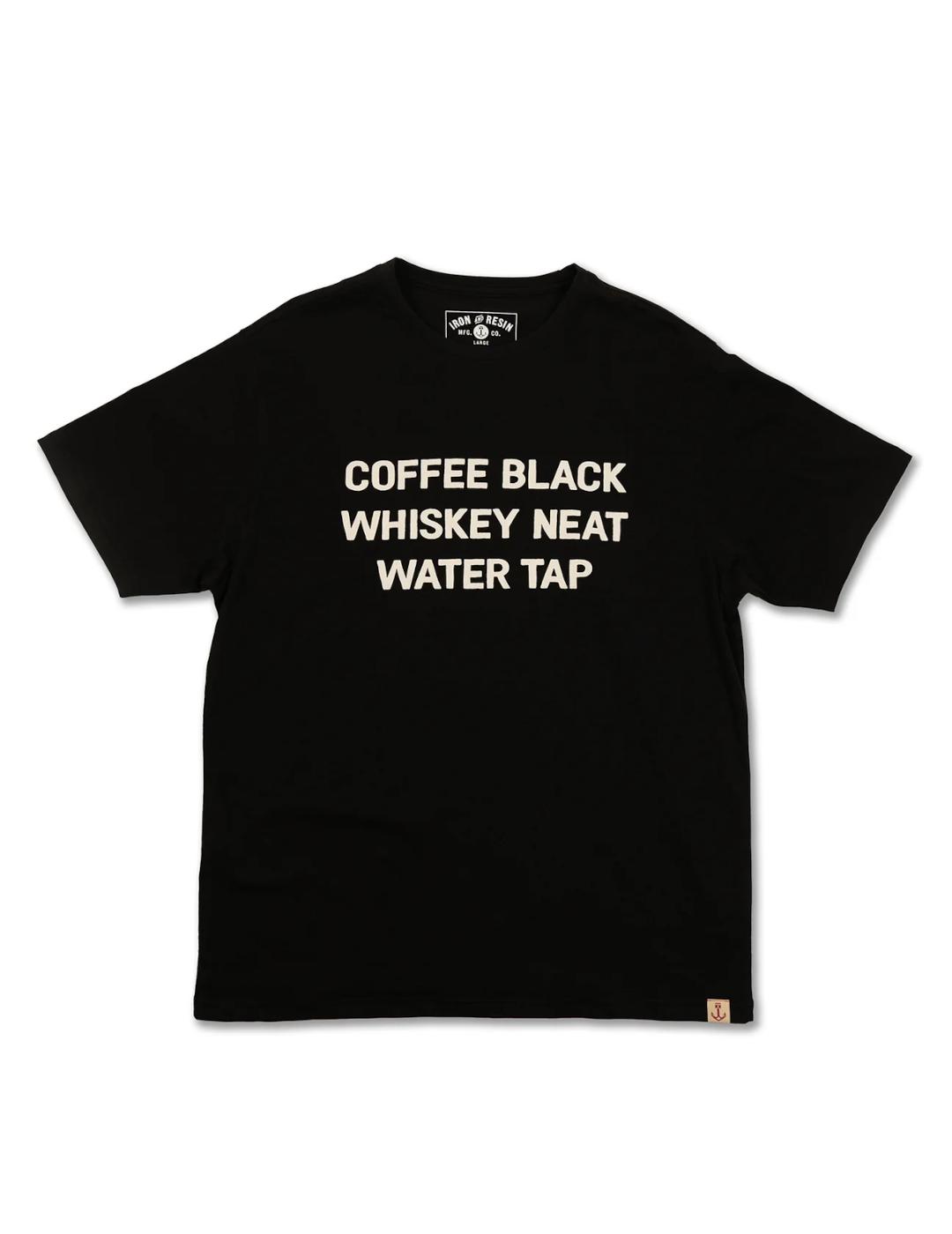 IRON AND RESIN CAMISETA NEGRA COFFEE WHISKEY WATER
