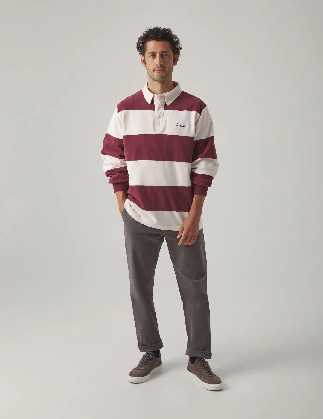 SCOTTA POLO RUGBY BURDEOS STRIPES MANGA LARGA